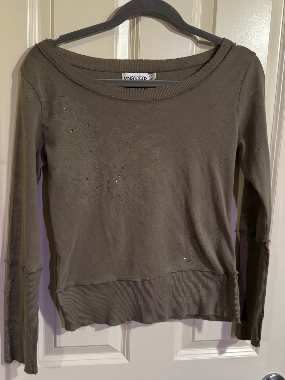 Mango Olive Green Long Sleeve Scoop-Neck Top with Stud Detail